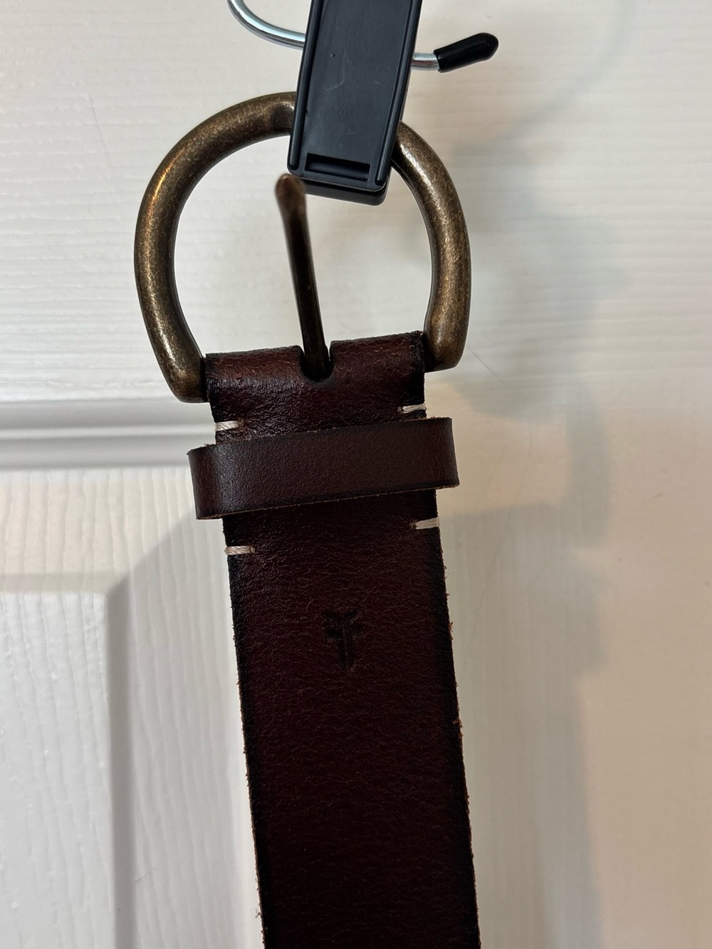Frye Dark Brown Leather Belt with Antique Brass Ring Buckle